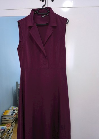 Mor V-Yaka Düğmeli Uzun Ofis Elbisesi - Görsel 4