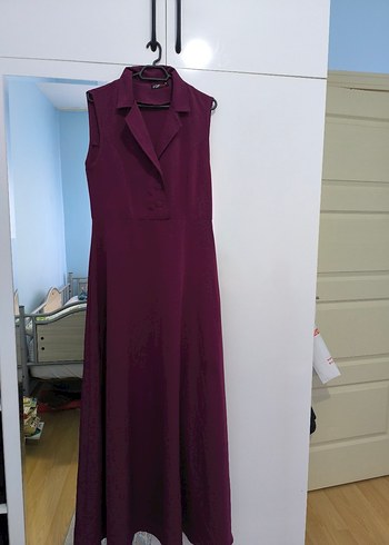 Mor V-Yaka Düğmeli Uzun Ofis Elbisesi - Görsel 2