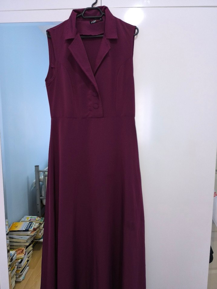 Mor V-Yaka Düğmeli Uzun Ofis Elbisesi - Görsel 5