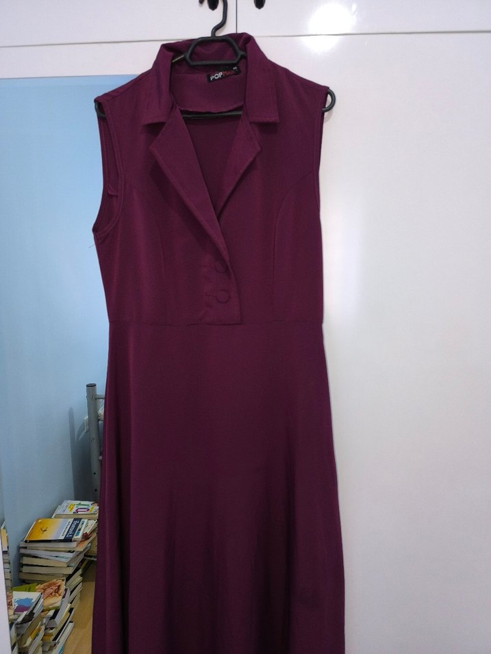 Mor V-Yaka Düğmeli Uzun Ofis Elbisesi - Görsel 4