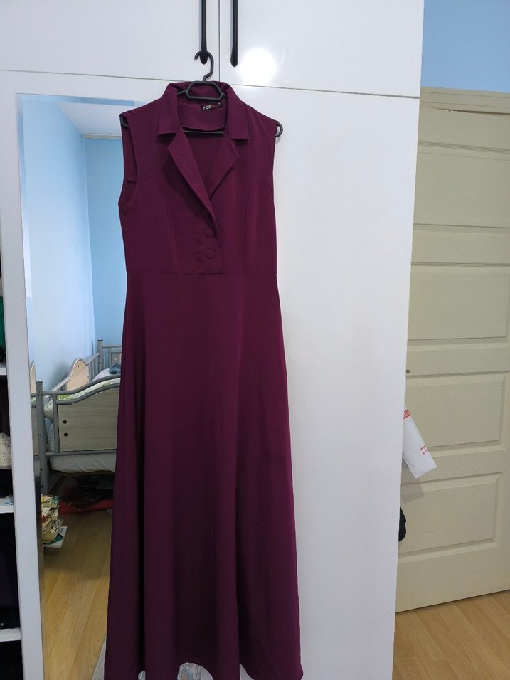 Mor V-Yaka Düğmeli Uzun Ofis Elbisesi - Görsel 2