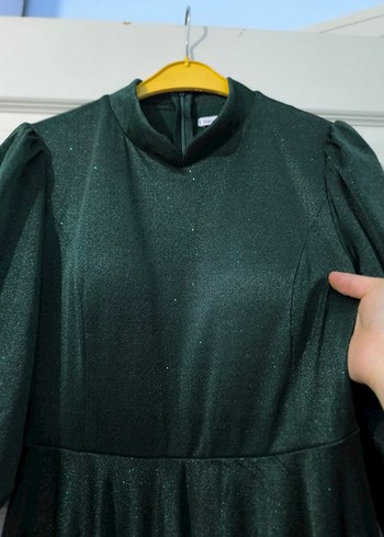 Kadın Koyu Yeşil Uzun Kollu simli Drapeli Abiye Elbise - Görsel 5