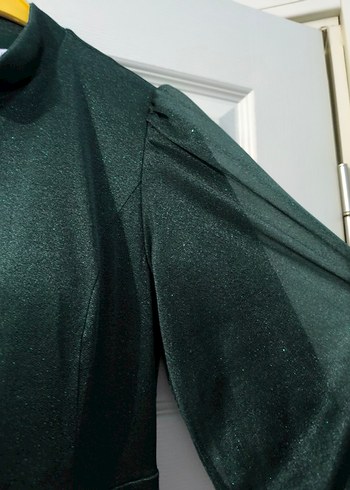 Kadın Koyu Yeşil Uzun Kollu simli Drapeli Abiye Elbise - Görsel 10