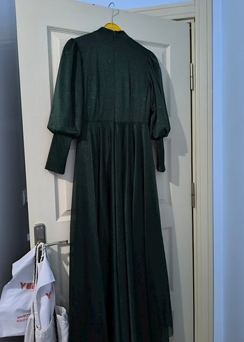 Kadın Koyu Yeşil Uzun Kollu simli Drapeli Abiye Elbise - Görsel 12