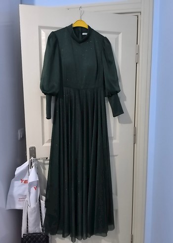 Kadın Koyu Yeşil Uzun Kollu simli Drapeli Abiye Elbise - Görsel 2