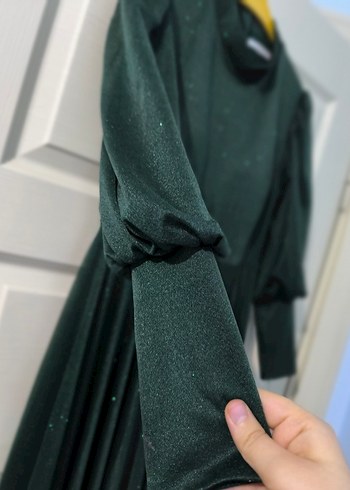 Kadın Koyu Yeşil Uzun Kollu simli Drapeli Abiye Elbise - Görsel 8