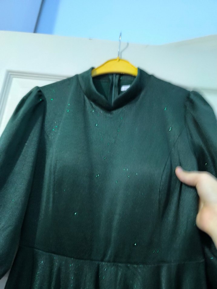 Kadın Koyu Yeşil Uzun Kollu simli Drapeli Abiye Elbise - Görsel 4