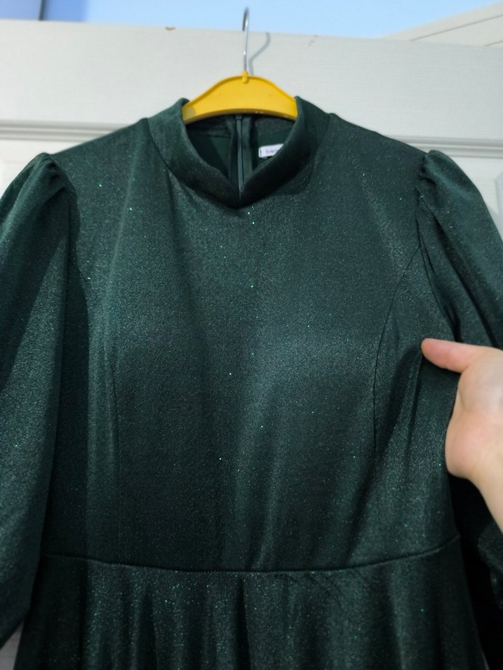 Kadın Koyu Yeşil Uzun Kollu simli Drapeli Abiye Elbise - Görsel 5