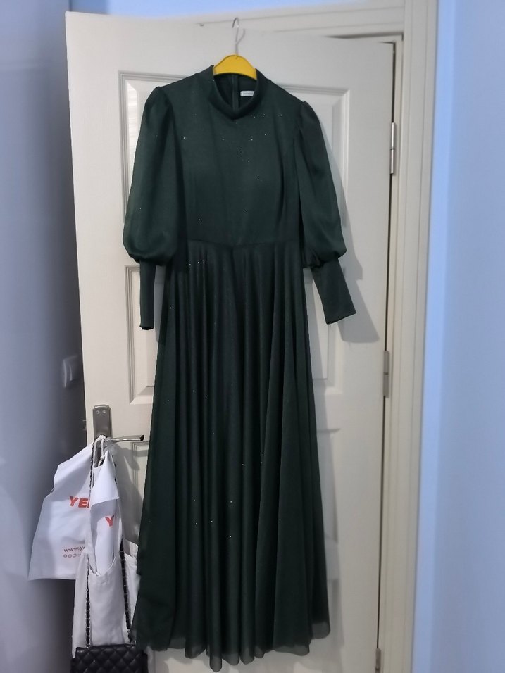 Kadın Koyu Yeşil Uzun Kollu simli Drapeli Abiye Elbise - Görsel 2