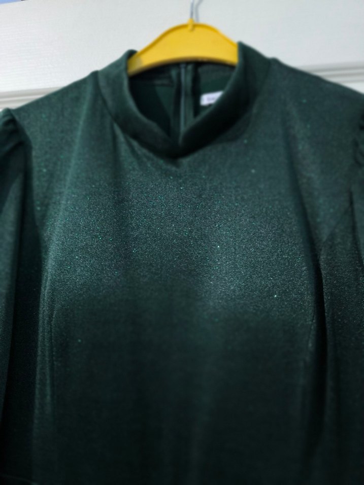 Kadın Koyu Yeşil Uzun Kollu simli Drapeli Abiye Elbise - Görsel 3