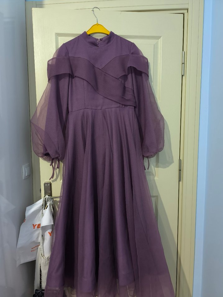 Uzun Kol Drapeli Mor Abiye Elbise - Görsel 2