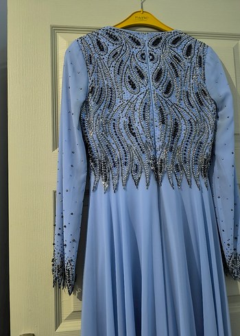 Nakışlı Uzun Mavi Kadın Abiye Elbise - Görsel 9