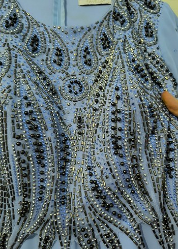 Nakışlı Uzun Mavi Kadın Abiye Elbise - Görsel 6