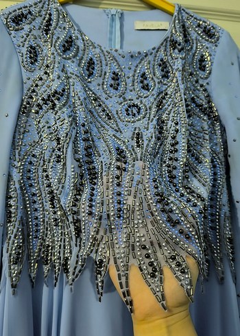 Nakışlı Uzun Mavi Kadın Abiye Elbise - Görsel 7