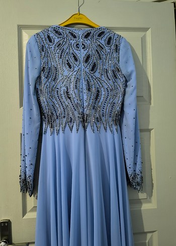 Nakışlı Uzun Mavi Kadın Abiye Elbise - Görsel 8