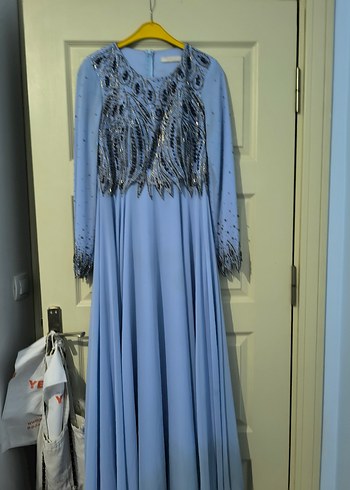 Nakışlı Uzun Mavi Kadın Abiye Elbise - Görsel 2