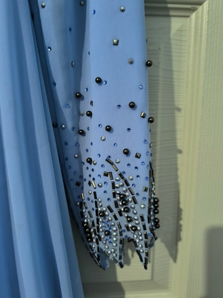 Nakışlı Uzun Mavi Kadın Abiye Elbise - Görsel 3