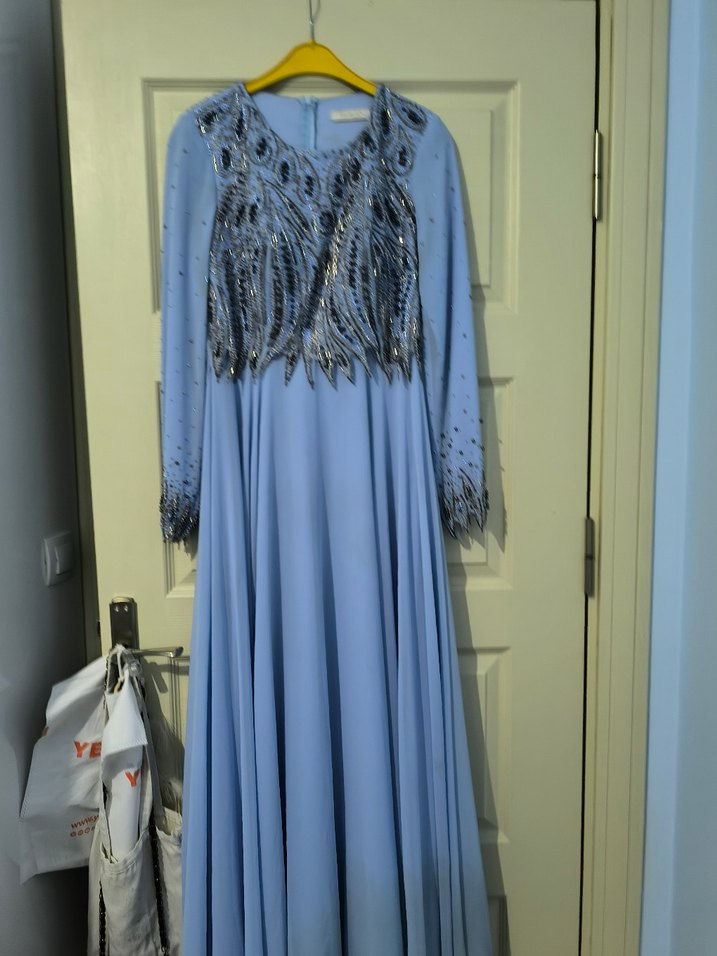 Nakışlı Uzun Mavi Kadın Abiye Elbise - Görsel 2