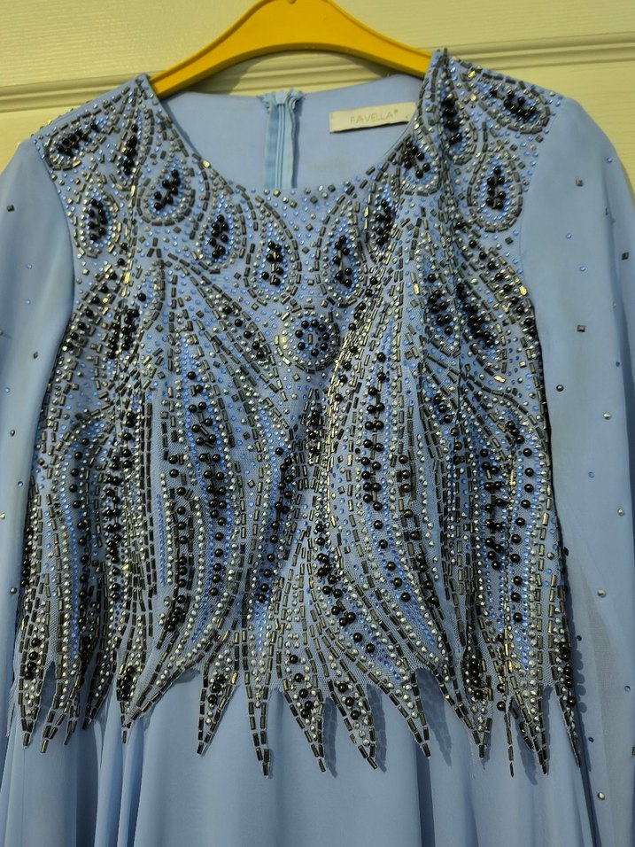 Nakışlı Uzun Mavi Kadın Abiye Elbise - Görsel 4