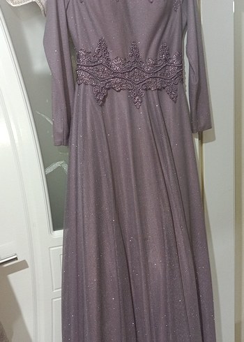 Drapeli Uzun Kollu Mor Abiye Elbise - Görsel 3