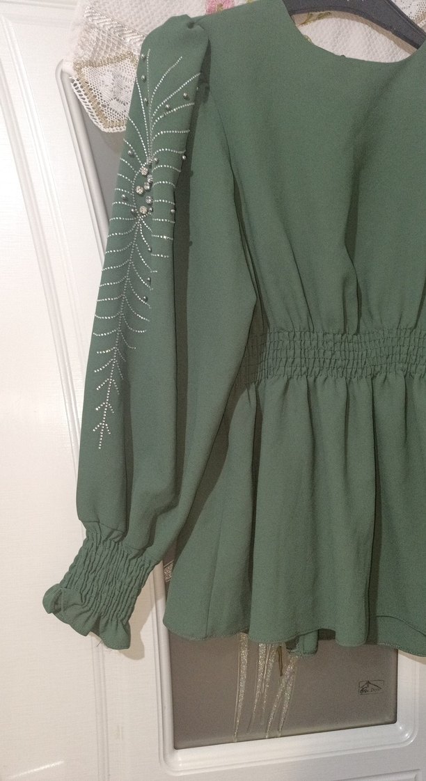 Boncuk İşlemeli Yeşil Uzun Bohem etek üst takım - Görsel 2