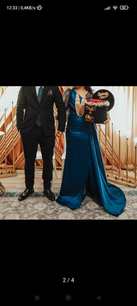 Uzun Kollu Drapeli Lacivert Abiye Elbise - Görsel 3