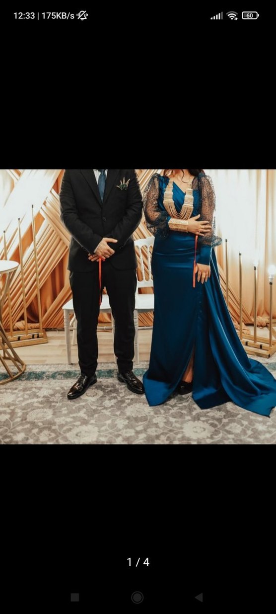 Uzun Kollu Drapeli Lacivert Abiye Elbise - Görsel 4