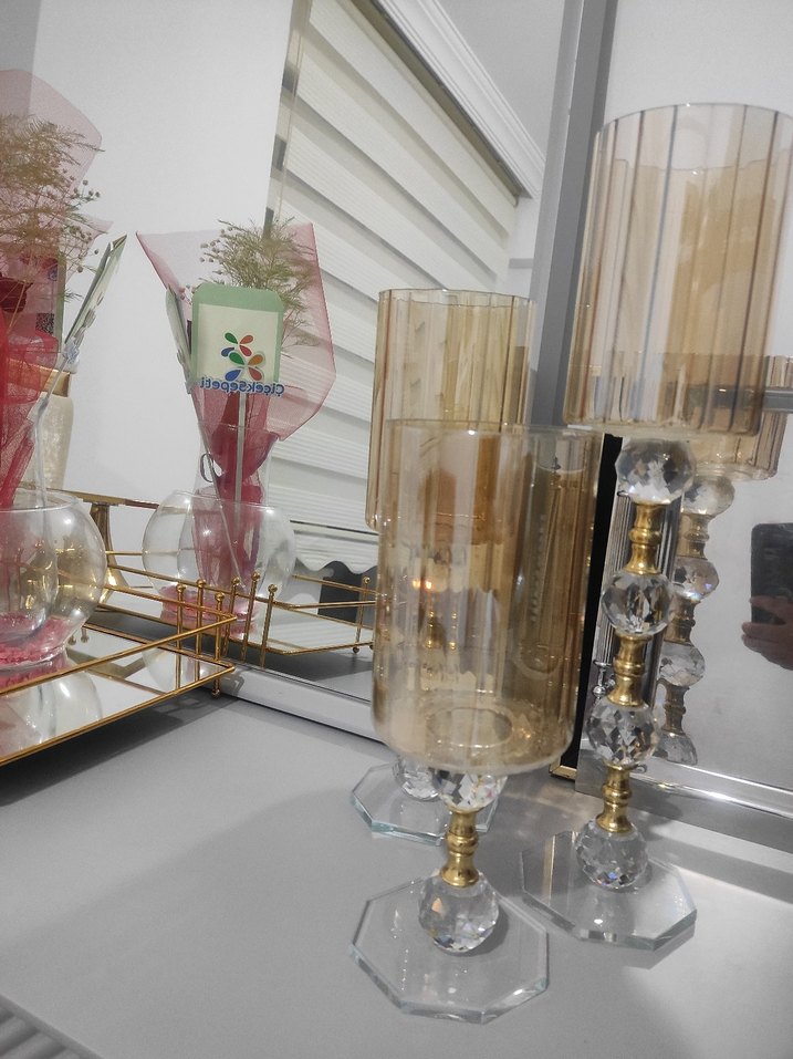 Altın Renkli Kristal Detaylı Şamdan Seti - Görsel 2