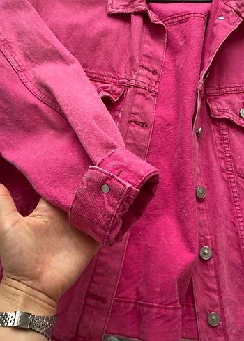 Pembe Düğmeli Kadın Denim Ceket - Görsel 2
