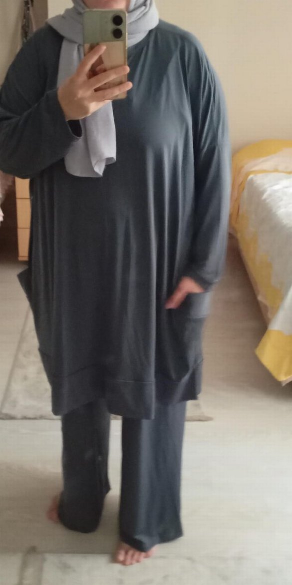 Diger gri füme Keten Rahat Kesim Uzun Kollu Tunik - Görsel 2