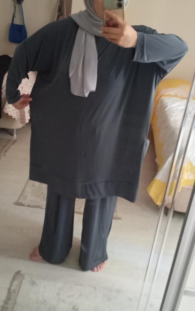 Diger gri füme Keten Rahat Kesim Uzun Kollu Tunik - Görsel 3