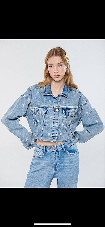 Mavi crop kot ceket