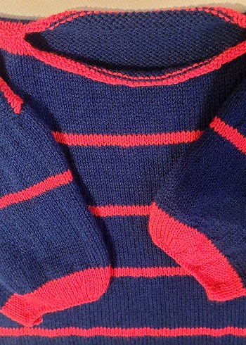 Kadın Kırmızı Çizgili Örgü Kazak - Görsel 3