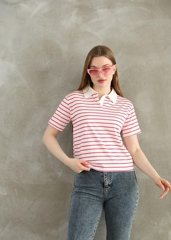 Pembe Çizgili Polo Yaka Kadın Tişört