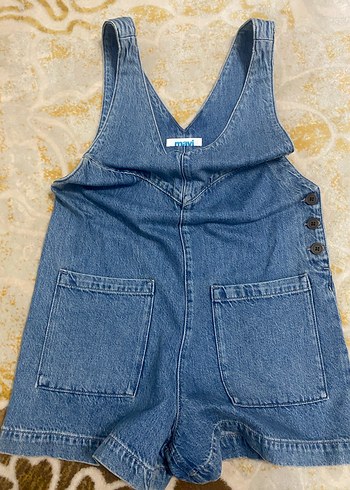 Mavi Denim Düğmeli Kısa Salopet - Görsel 3