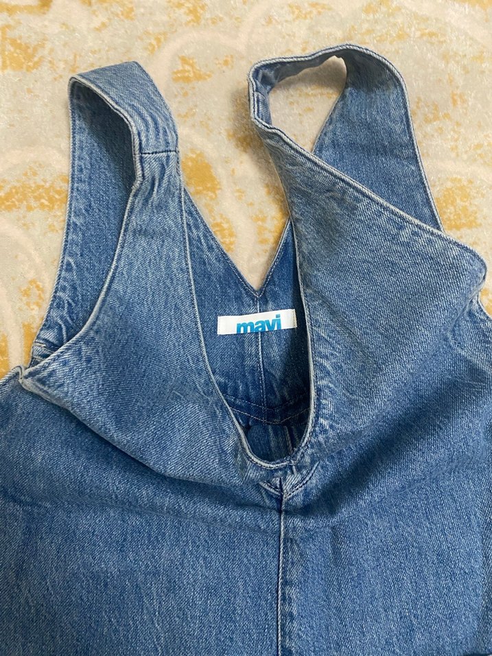 Mavi Denim Düğmeli Kısa Salopet - Görsel 2