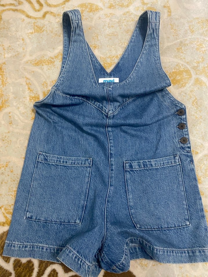 Mavi Denim Düğmeli Kısa Salopet - Görsel 3