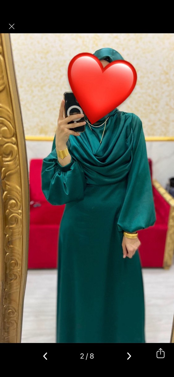 Uzun Zümrüt Yeşili Tesettür Saten Elbise - Görsel 2