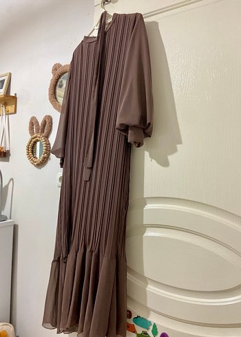 Vizon renk Pileli Uzun Kollu Şifon Kadın Elbise - Görsel 2