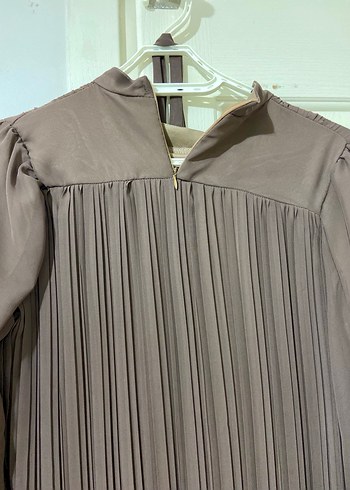 Vizon renk Pileli Uzun Kollu Şifon Kadın Elbise - Görsel 6