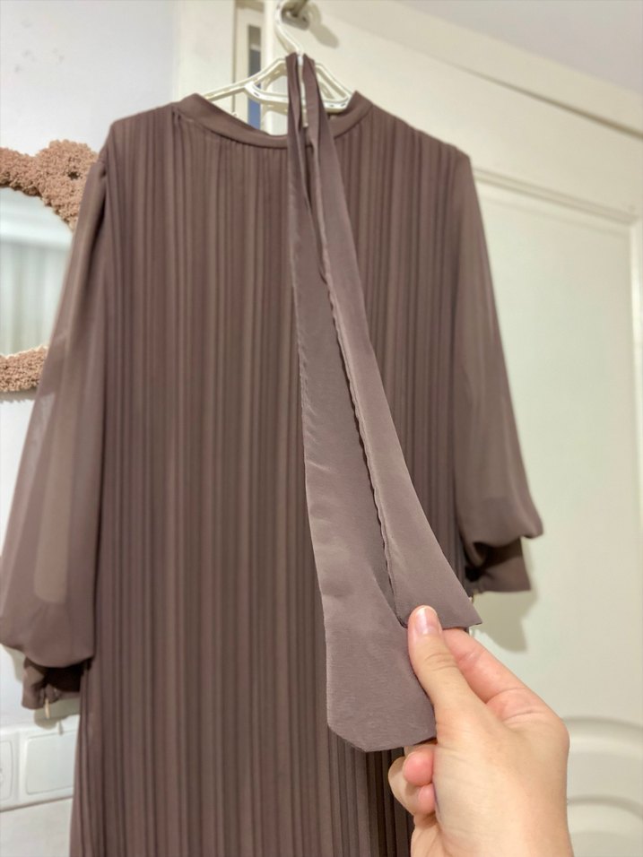 Vizon renk Pileli Uzun Kollu Şifon Kadın Elbise - Görsel 4