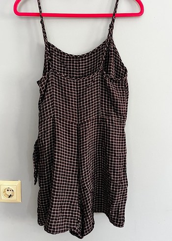 Bershka Bordo Kareli Askılı Mini Elbise