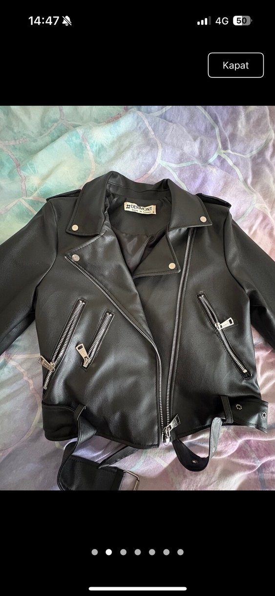 Kemer Detaylı Siyah Mini Deri Biker Ceket - Görsel 2