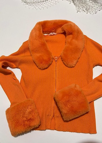 turuncu Kürklü triko hırka - Görsel 2