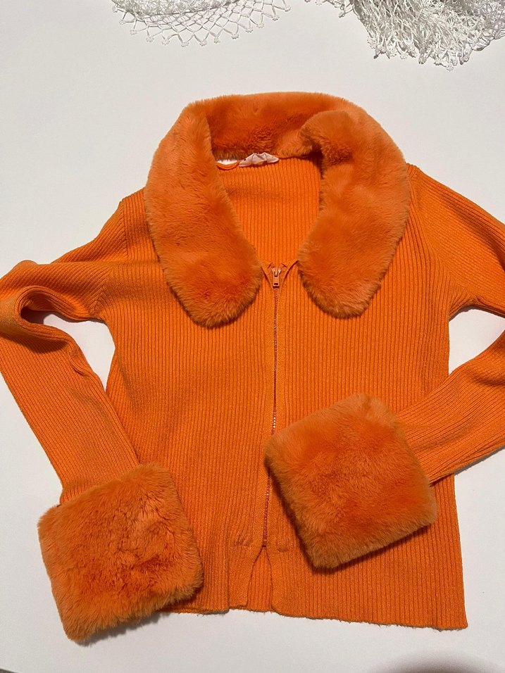 turuncu Kürklü triko hırka - Görsel 2