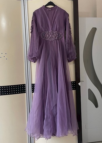 Mor Uzun Kollu Nakışlı Kadın Abiye Elbise - Görsel 4