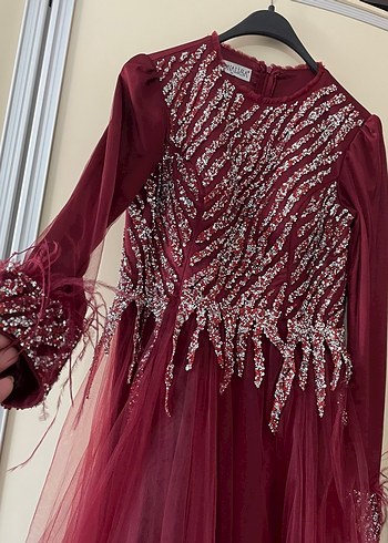 Bordo Uzun Kollu İşlemeli Abiye Elbise - Görsel 2