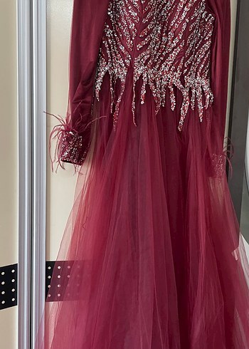 Bordo Uzun Kollu İşlemeli Abiye Elbise - Görsel 4