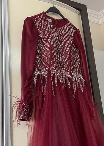 Bordo Uzun Kollu İşlemeli Abiye Elbise - Görsel 3