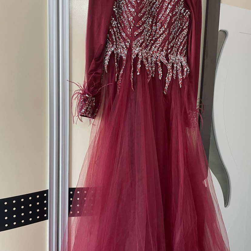 Bordo Uzun Kollu İşlemeli Abiye Elbise - Görsel 4